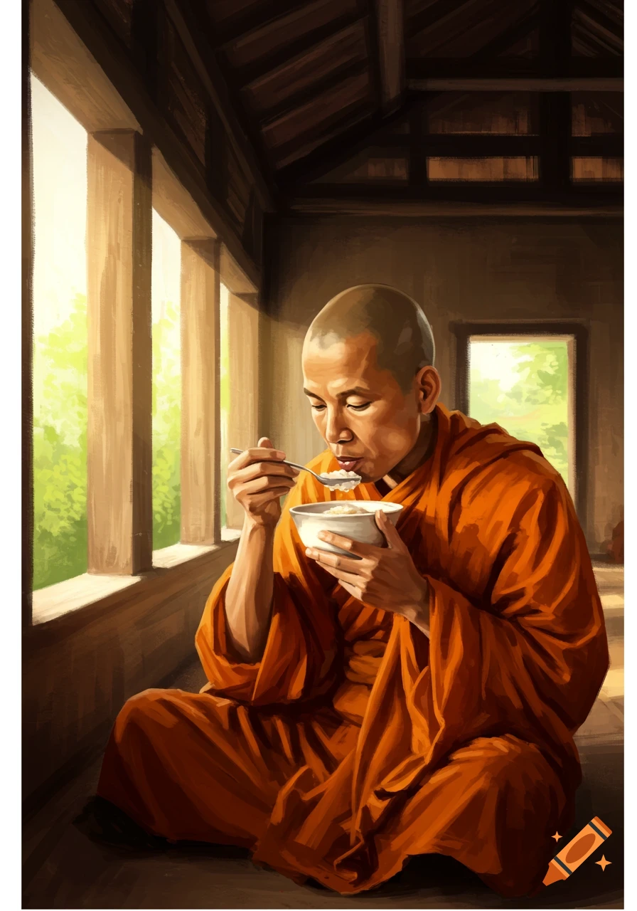 A monk sits in a room with a large window, eating a bowl of porridge.