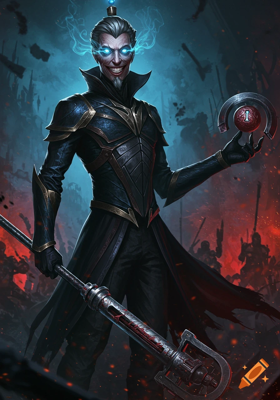 Dark fantasy illustration of a grinning villain holding a glowing orb and staff on a battlefield.