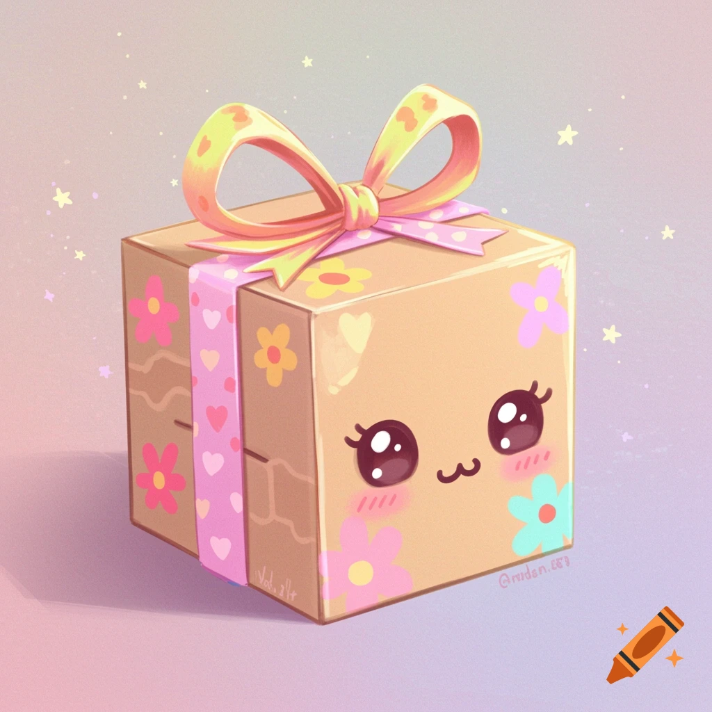 A cute brown gift box with a face, pink ribbon, and flowers in a pastel illustration style.