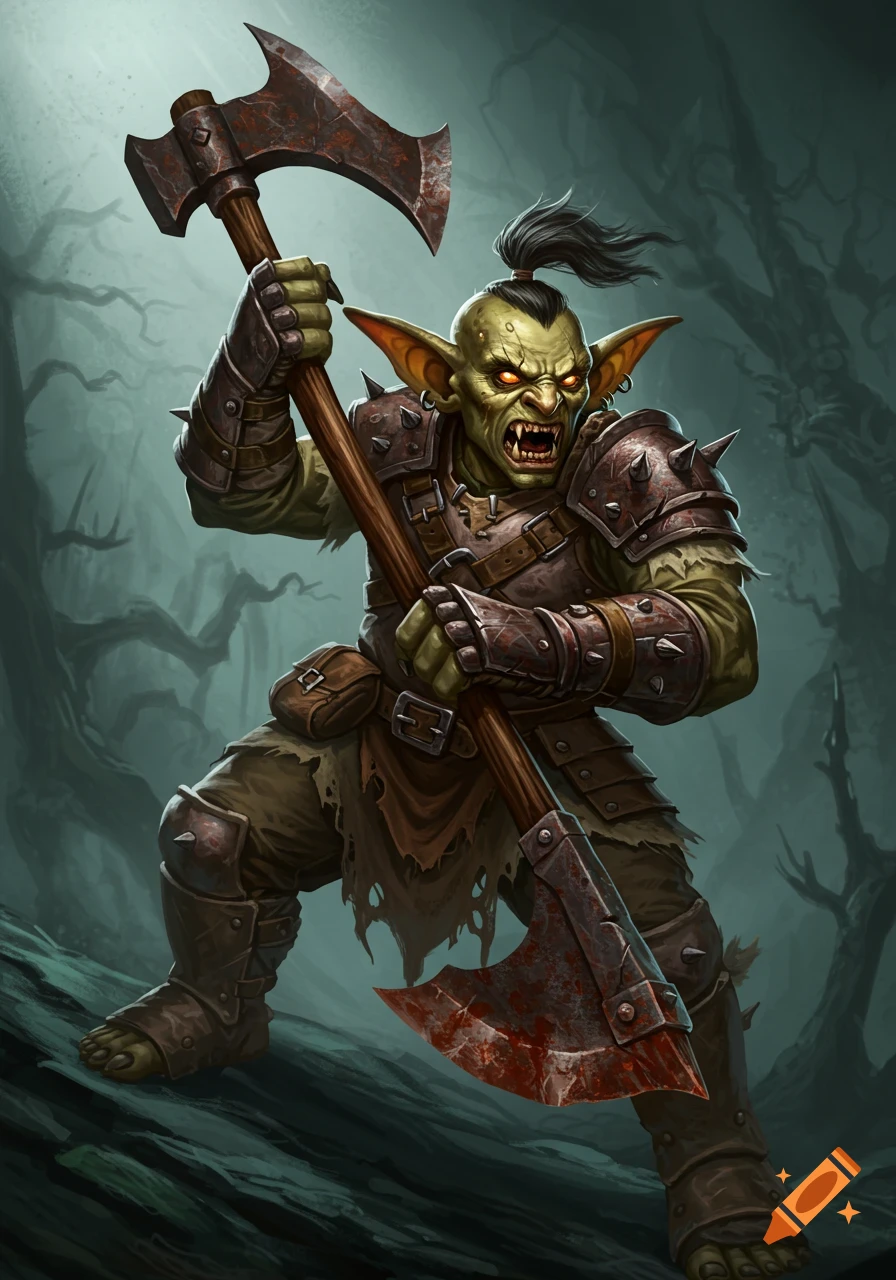 A fantasy illustration of a hobgoblin warrior holding a large bloody axe in a forest.