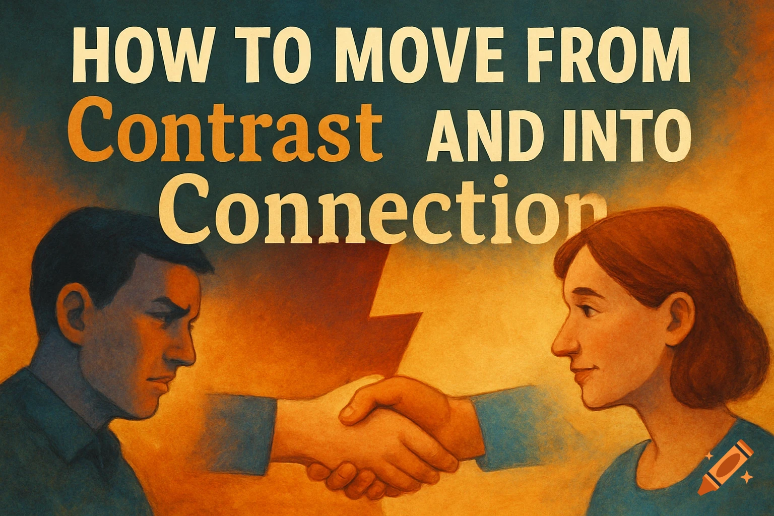 Illustration of two people shaking hands below text that reads "How to move from Contrast and into Connection".