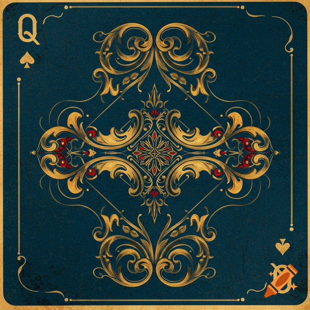 Ornate Queen of Spades playing card design with gold and red scrollwork on blue background.