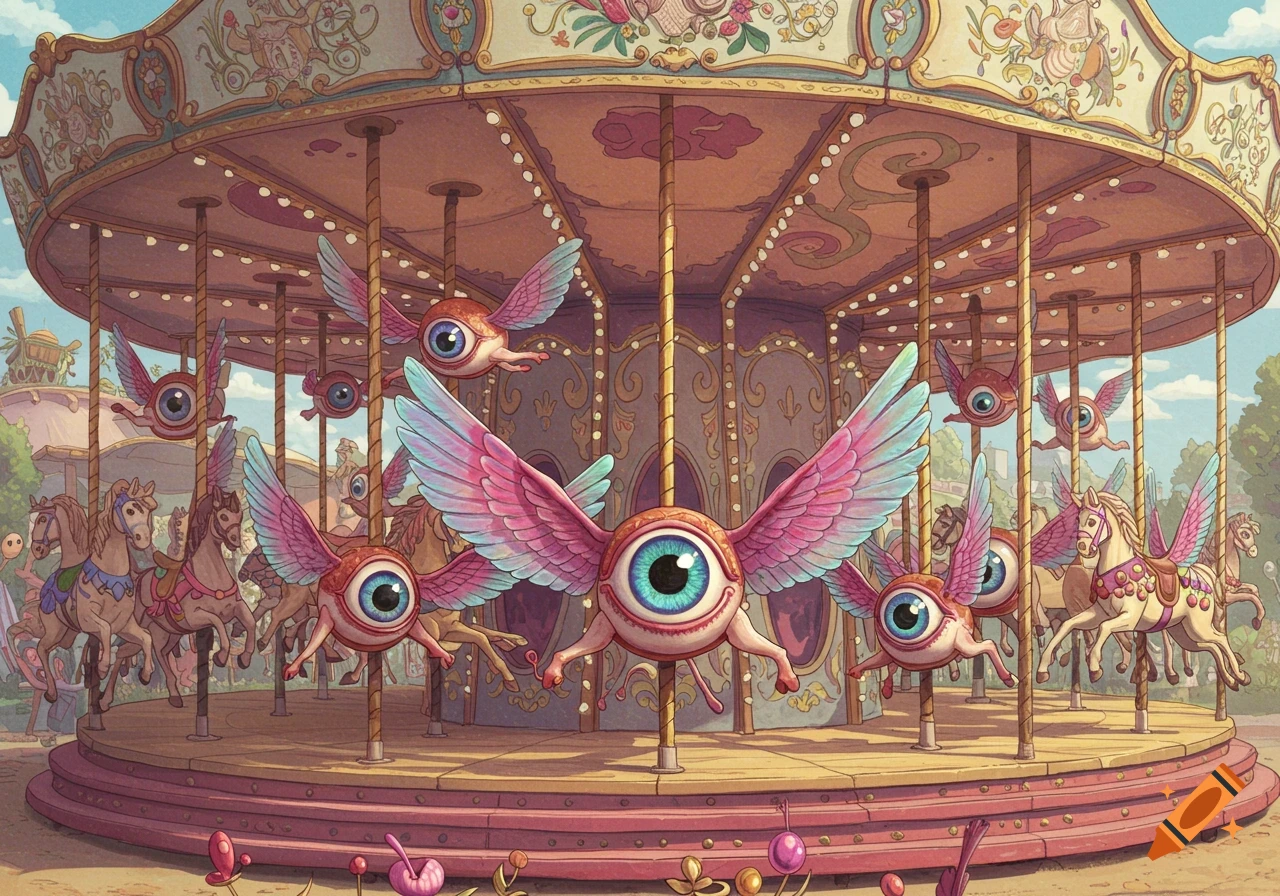 A colorful carousel featuring flying eyeballs with wings instead of horses, illustration style.