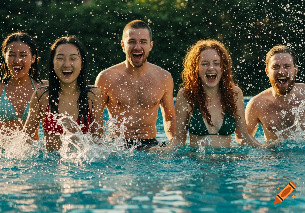 Happy friends splashing in a pool