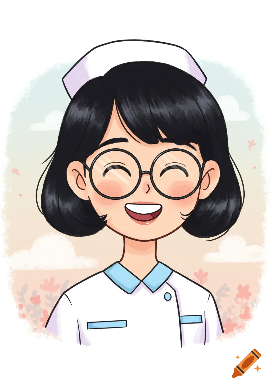 Illustration of a happy nurse with short black hair and glasses.