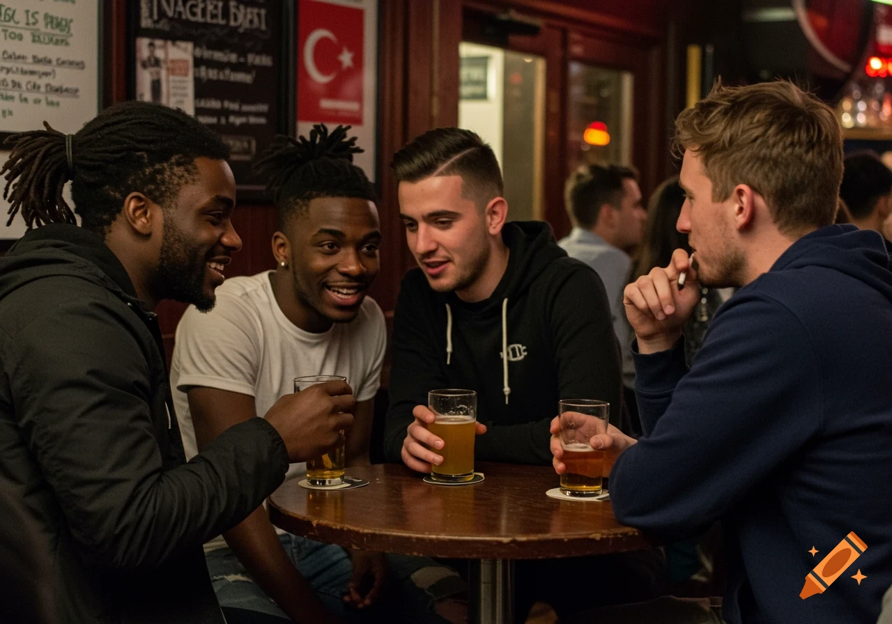 Group of diverse men talking and drinking beer at a table in a dimly lit bar