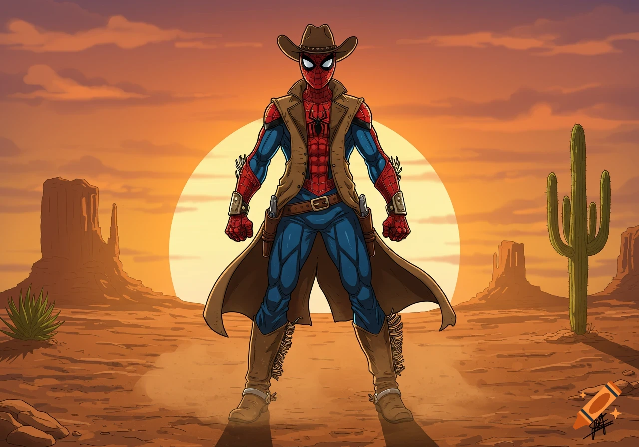 Illustration of Spider-Man dressed as a cowboy standing in a desert landscape at sunset.