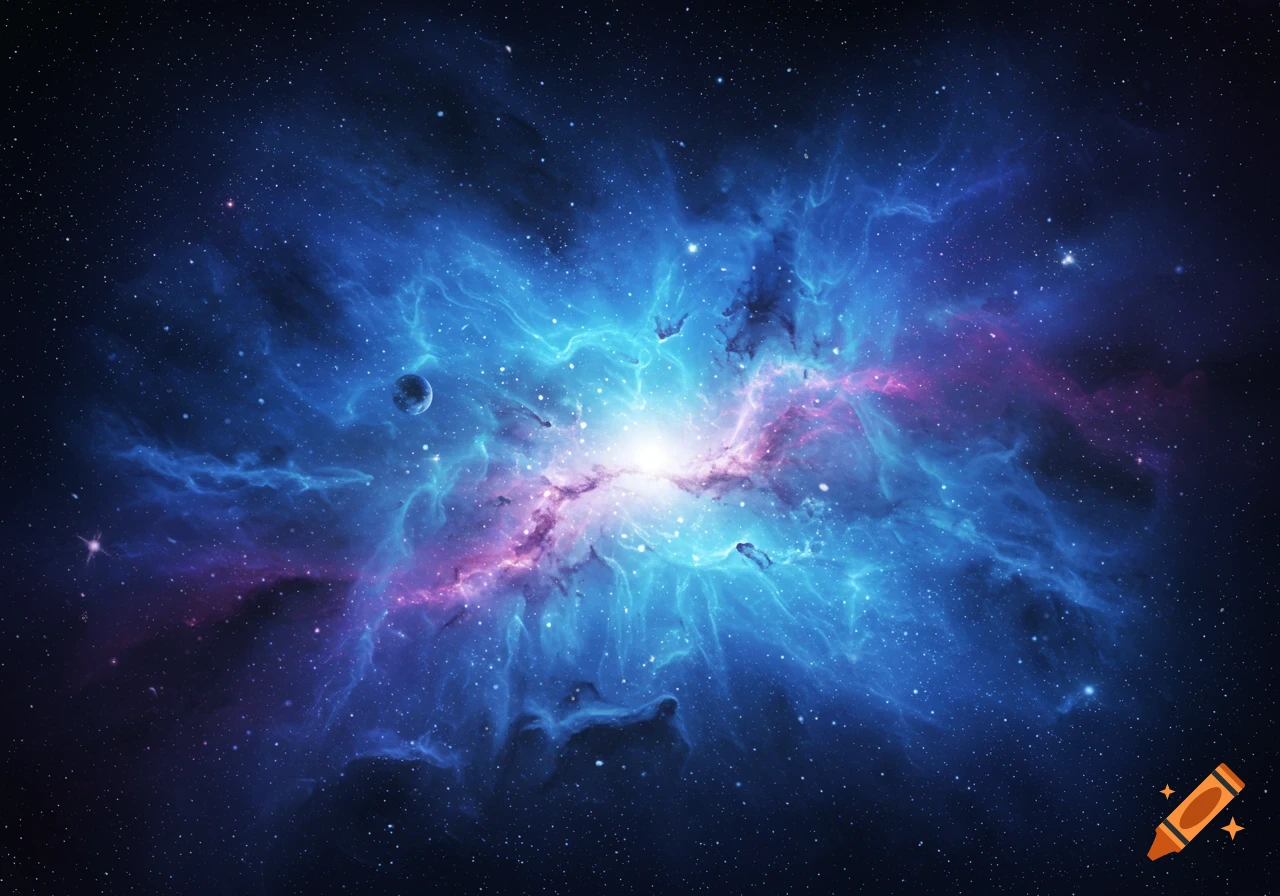 A bright, colorful nebula glows blue and pink in the dark expanse of space, surrounded by stars and a distant planet.