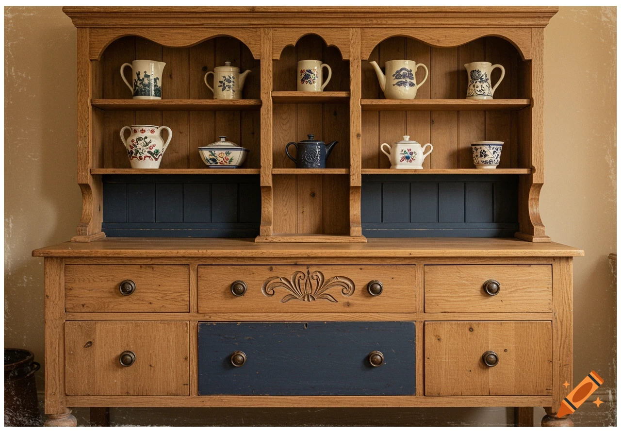 A wooden Welsh dresser filled with various pottery items.