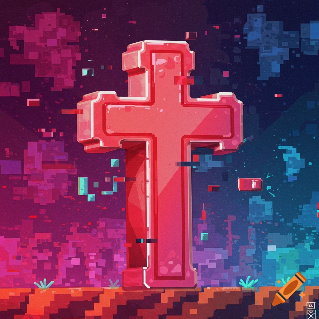 A large, stylized red Christian cross rendered in a pixelated, glitchy digital art style against a gradient background.