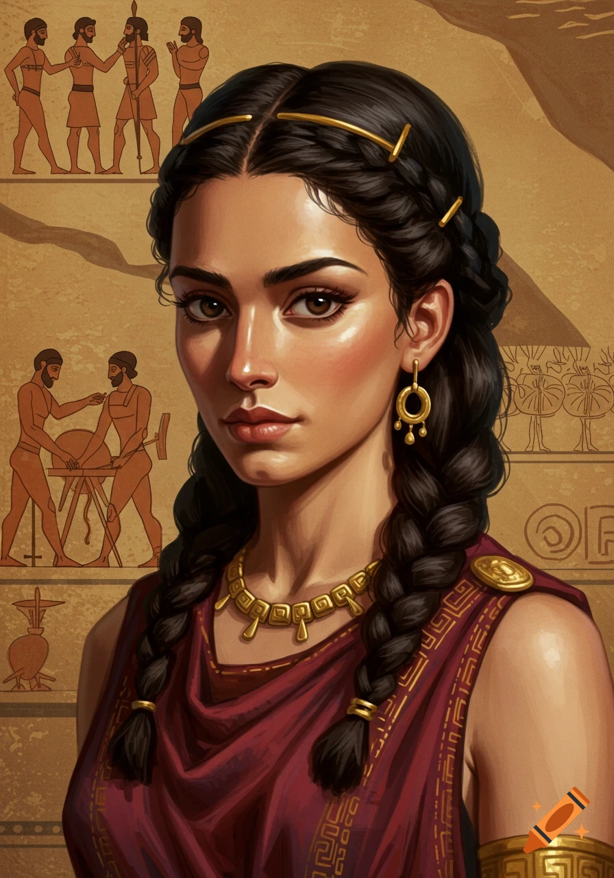 Portrait of a woman with braided hair and gold jewelry in ancient Greek style clothing, against a background of historical art.