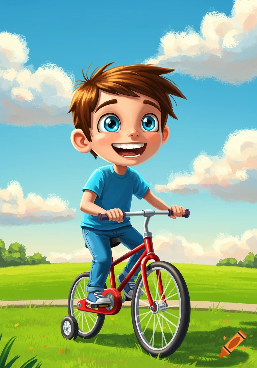Cartoon illustration of a smiling boy riding a red bicycle with training wheels on grass.