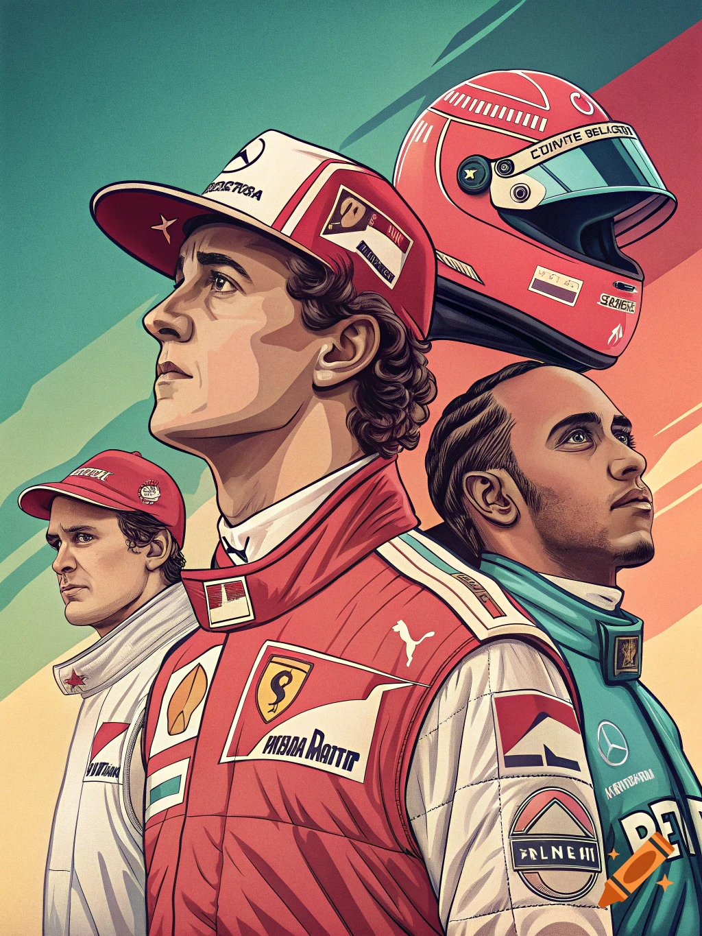 Pop art illustration of Ayrton Senna, Michael Schumacher, and Lewis Hamilton.