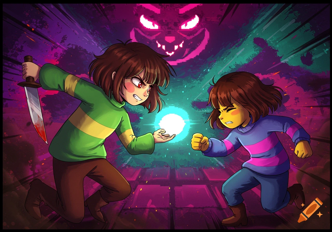 Anime style characters from Undertale fighting with a knife and magic orb, ominous face behind them.