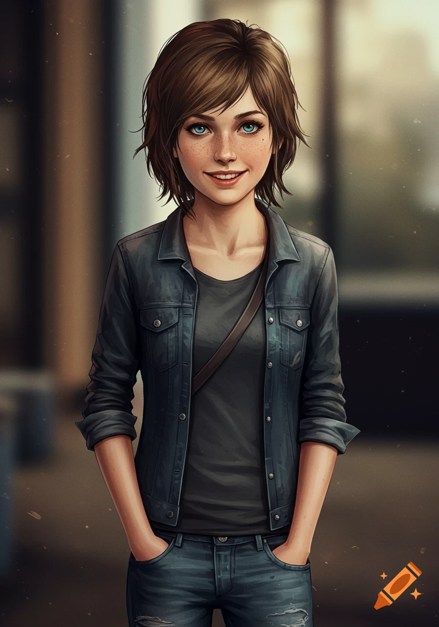 Digital art portrait of a young woman with short brown hair, blue eyes, and freckles, wearing a denim jacket and jeans, smiling.