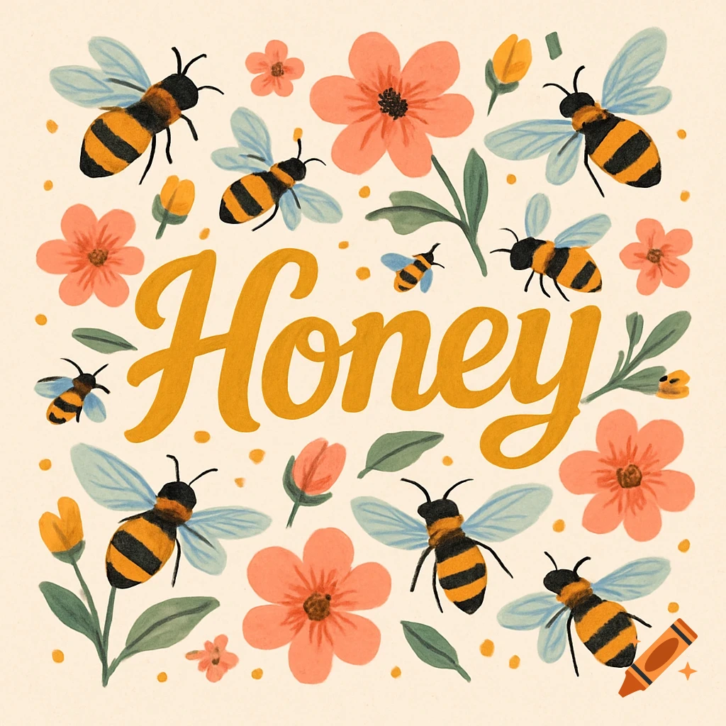 Illustration of the word Honey surrounded by bees and flowers.