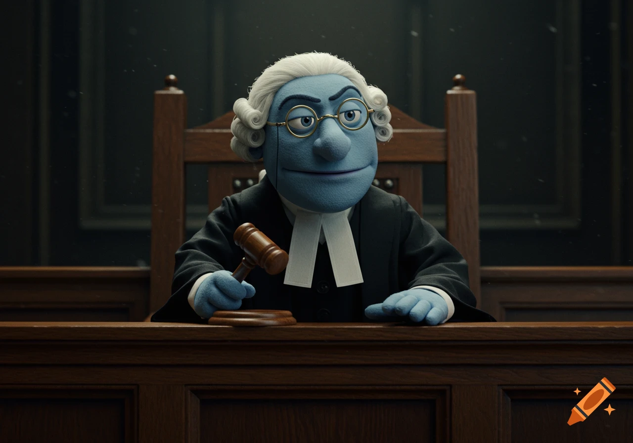 A blue puppet judge in a courtroom