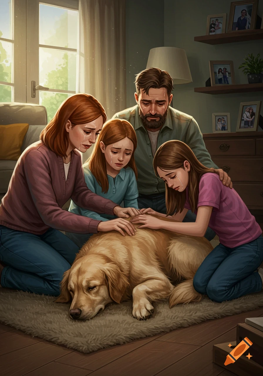 An illustration of a family, two parents and two daughters, crying over a golden retriever lying on a rug.