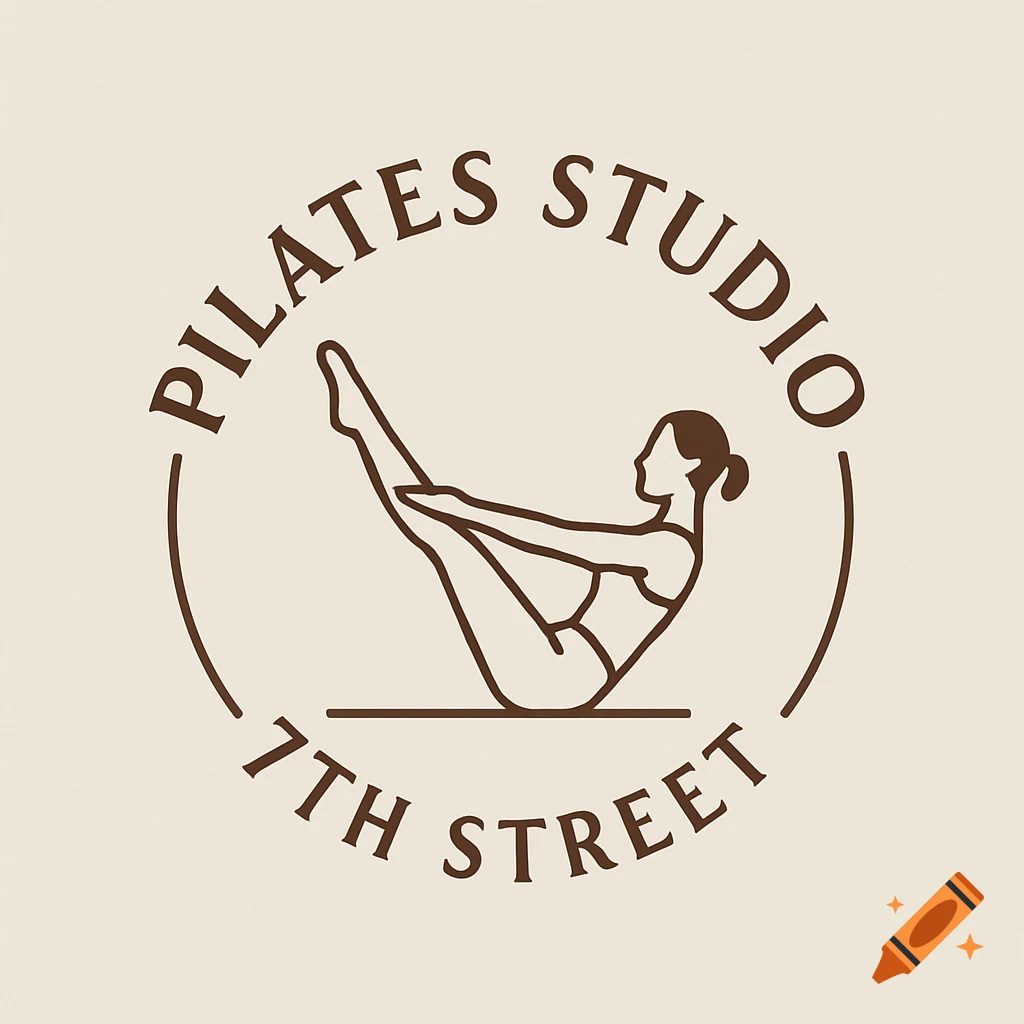 Minimalist logo with person in pilates pose and text 'Pilates Studio 7th Street'.