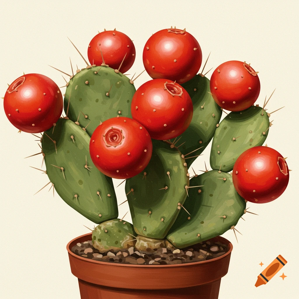 Illustration of a potted prickly pear cactus with round red fruits.
