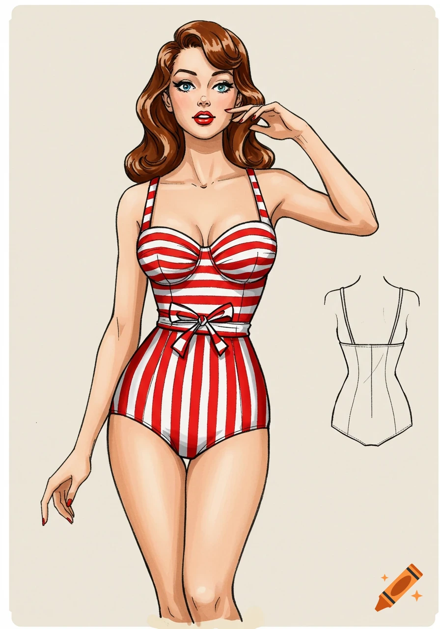 Illustration of a woman in a red and white striped retro one-piece swimsuit with a bow belt.