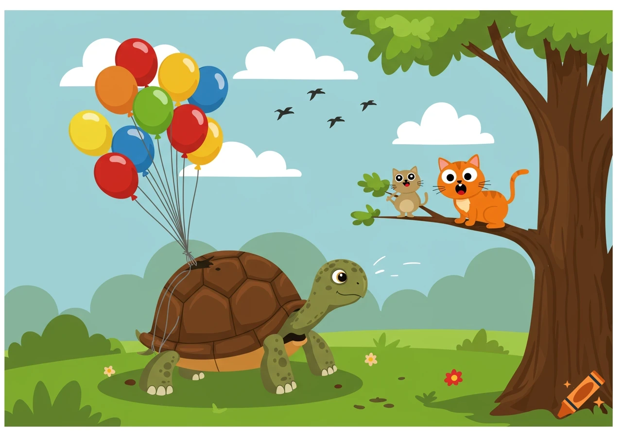A cartoon turtle is lifted by balloons past two cats in a tree.