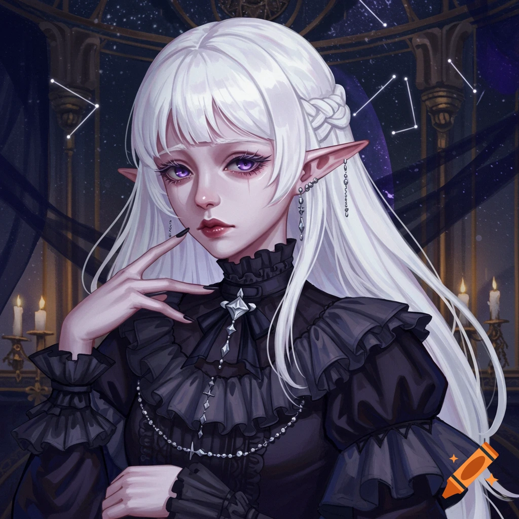 Portrait of a pale fantasy character with white hair, purple eyes, pointed ears, and dark ruffled clothing, against a starry background.