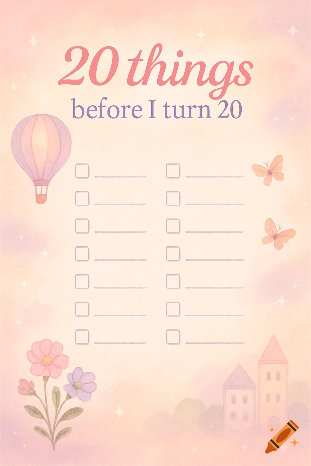 Pastel watercolor checklist titled '20 things before I turn 20' with hot air balloon, flowers, butterflies, and buildings.