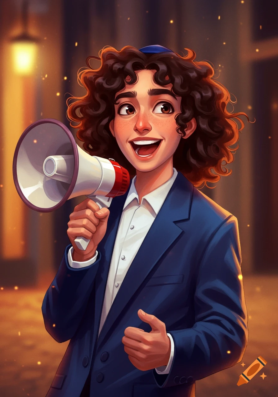 Cartoon illustration of a person in a suit and kippah happily speaking into a megaphone.