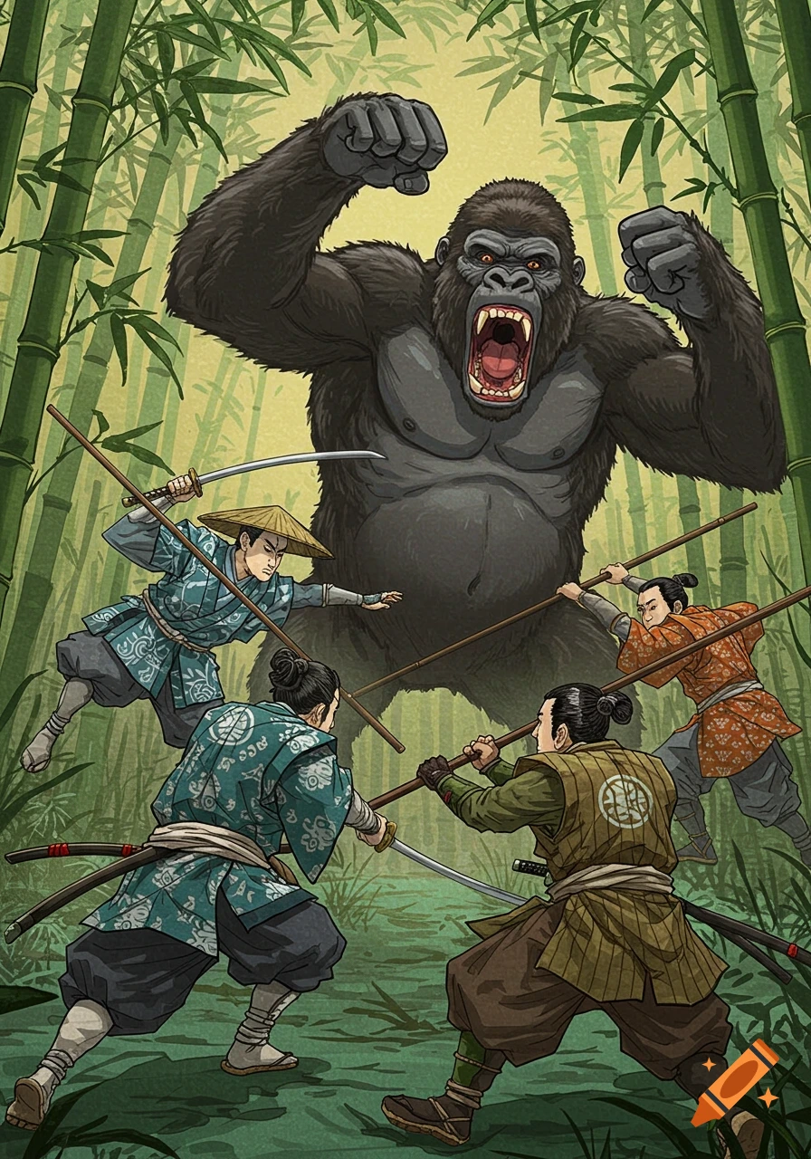 Illustration of a giant gorilla fighting samurai in a bamboo forest.