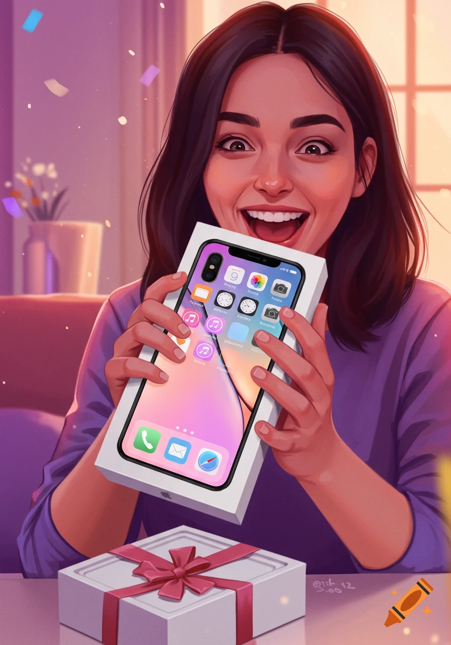 Stylized illustration of a woman excitedly holding a new iPhone box.
