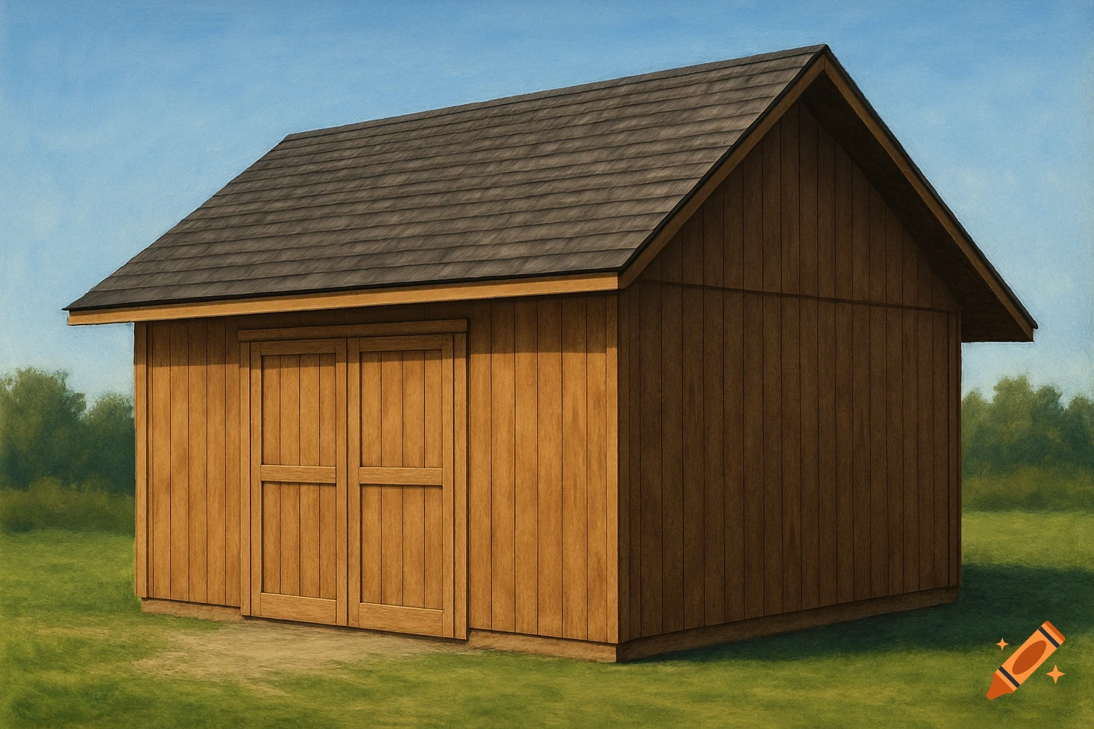 A wooden shed with a dark roof stands in a grassy field under a blue sky.