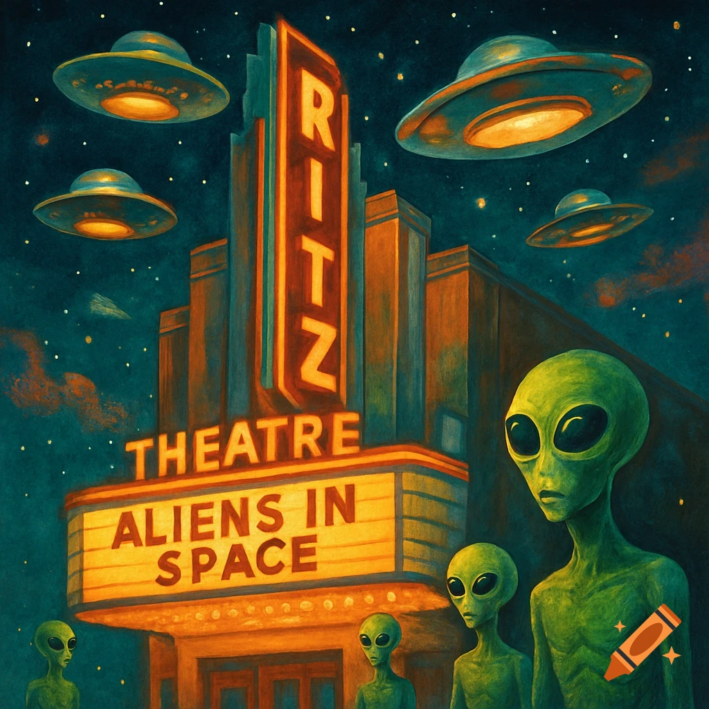 Painting of green aliens standing outside a theatre with UFOs flying above
