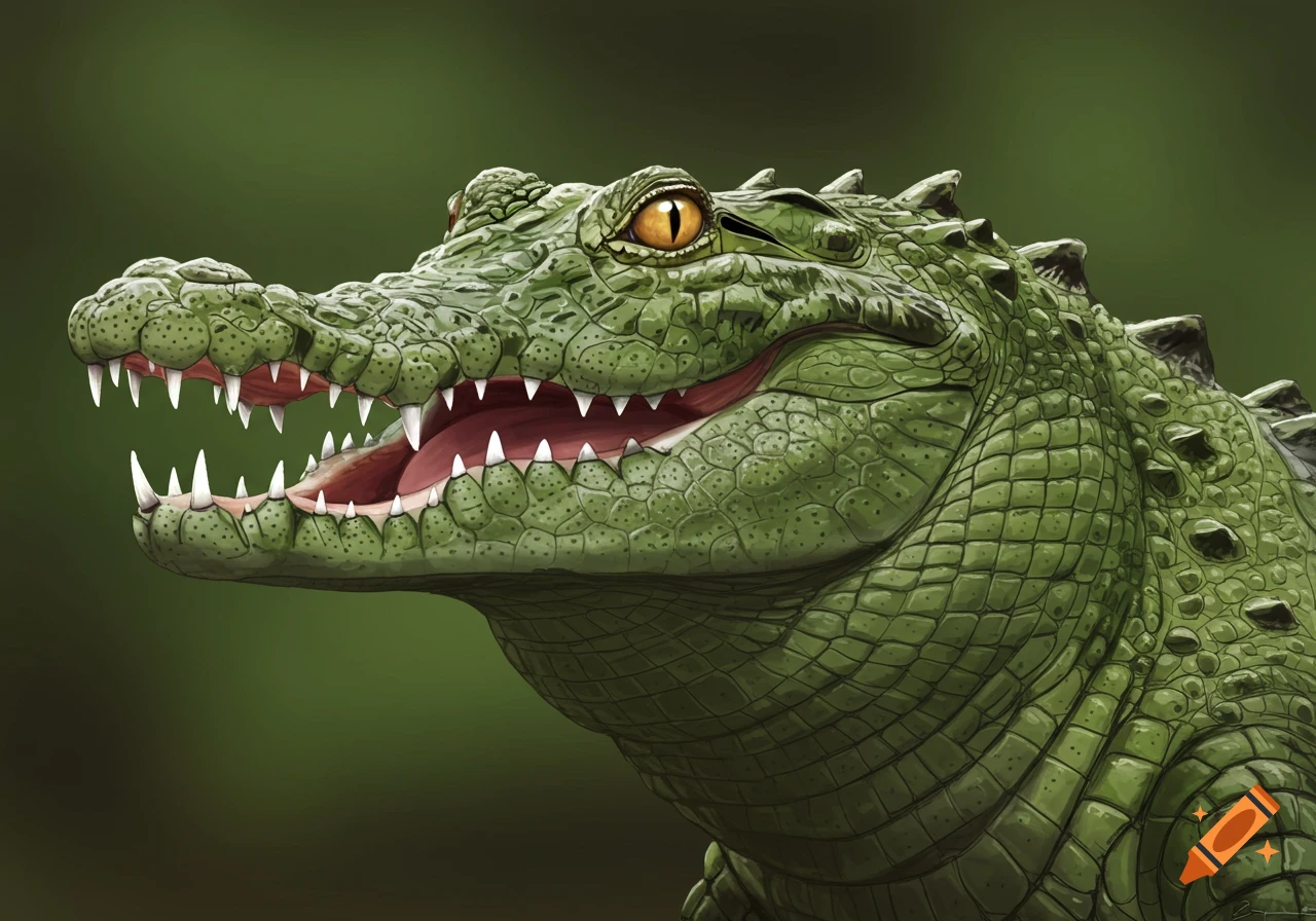 Close-up portrait of a green crocodile with its mouth open, showing teeth and tongue.