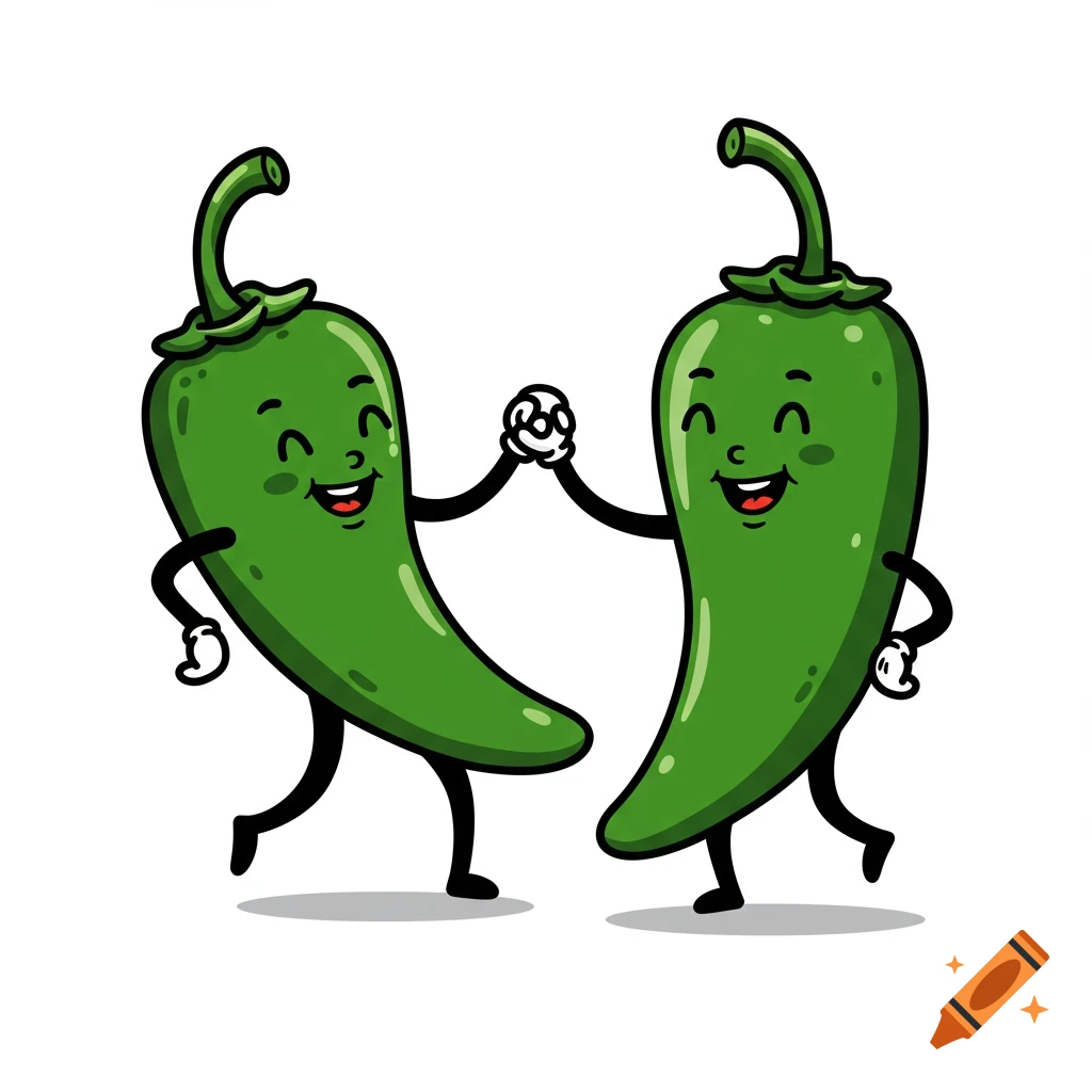 Two cartoon green jalapenos with faces, arms, and legs are dancing together.