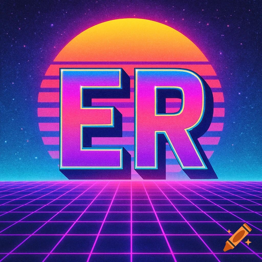 Vaporwave style graphic with large, gradient 'ER' letters over a purple grid and sunset