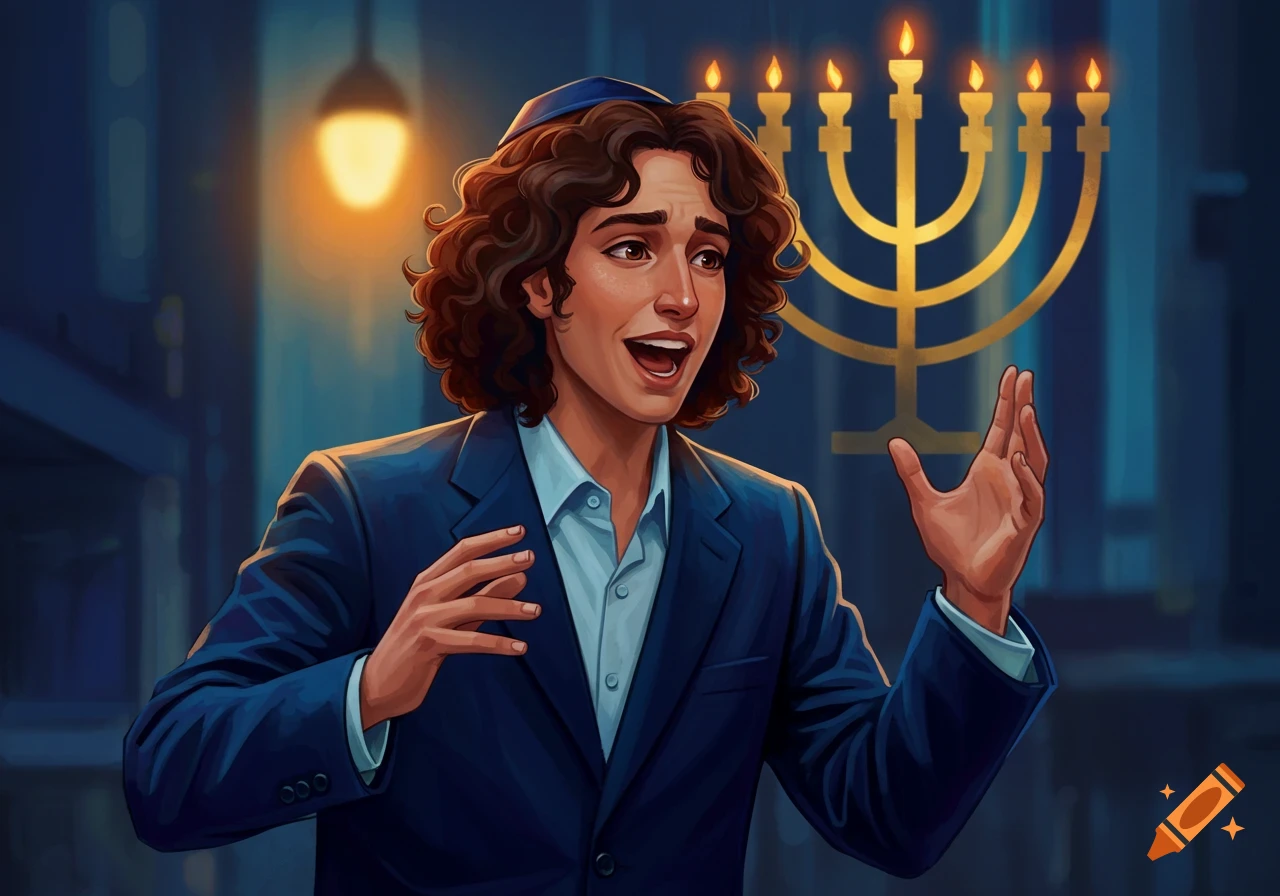 A man in a suit and kippah stands before a lit menorah, speaking animatedly.