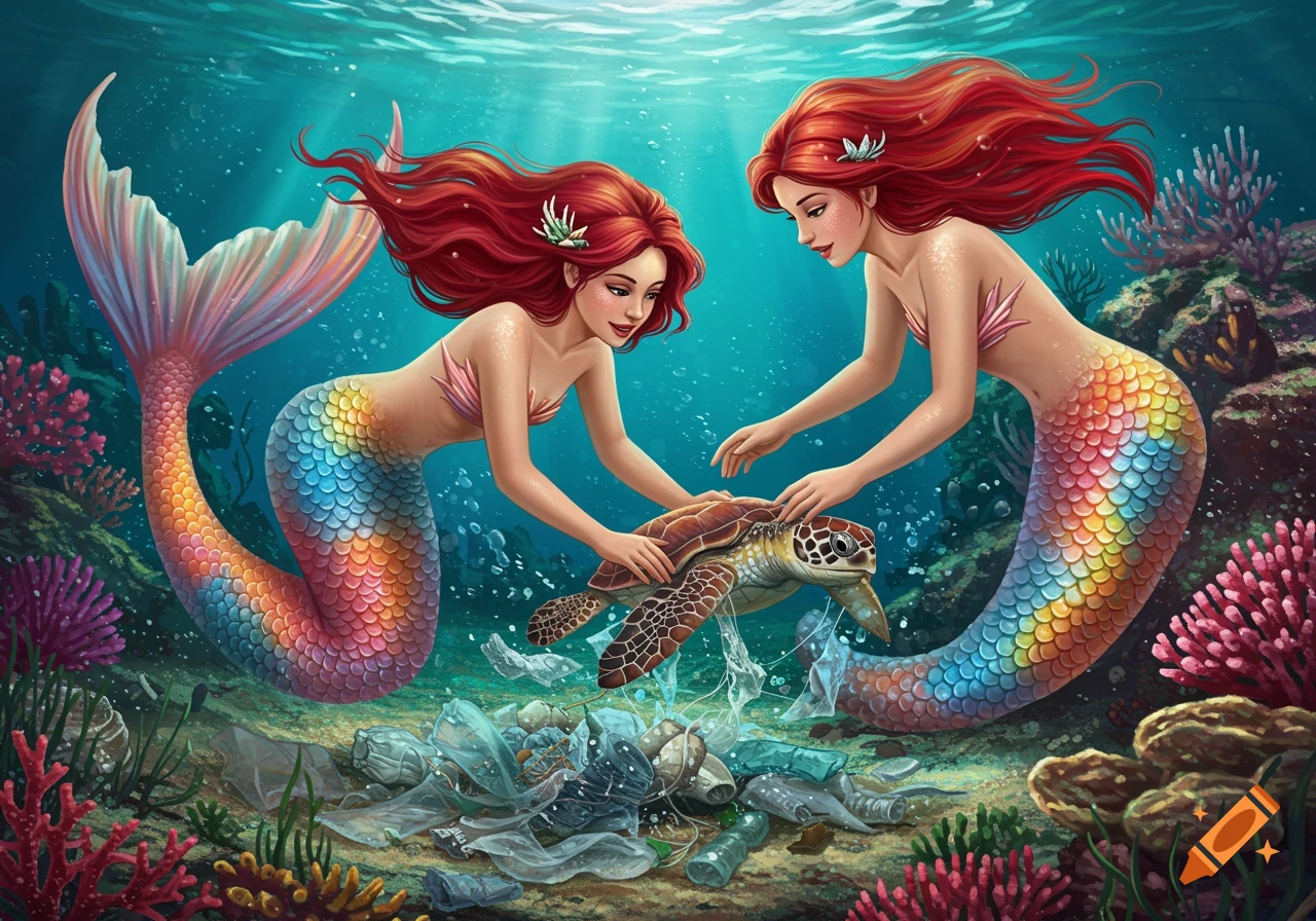 Two mermaids help a sea turtle entangled in plastic waste underwater near a coral reef, digital illustration.