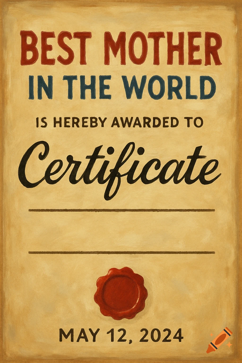 A painted certificate titled "BEST MOTHER IN THE WORLD" with a red wax seal and date.