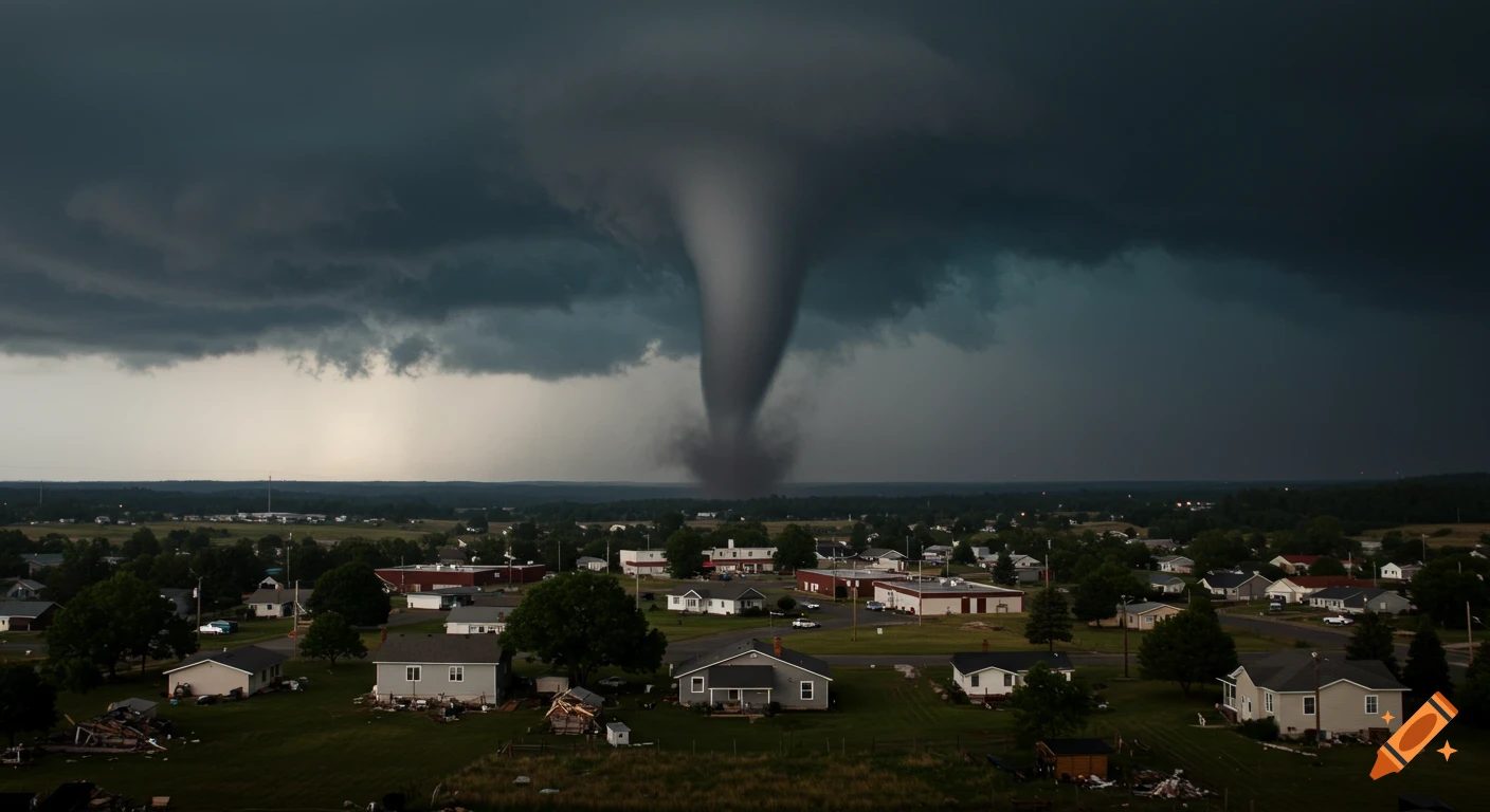 A large tornado spins over a small town under dark, stormy clouds.