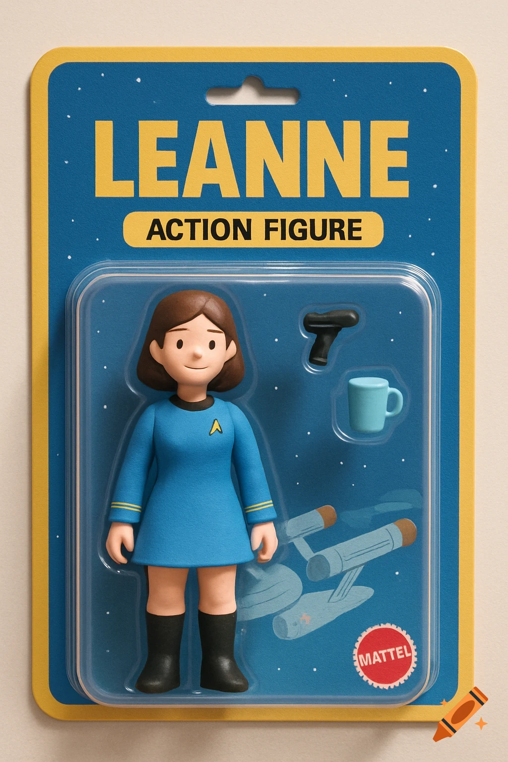 Action figure of a woman in a blue Star Trek uniform in blister packaging with accessories.