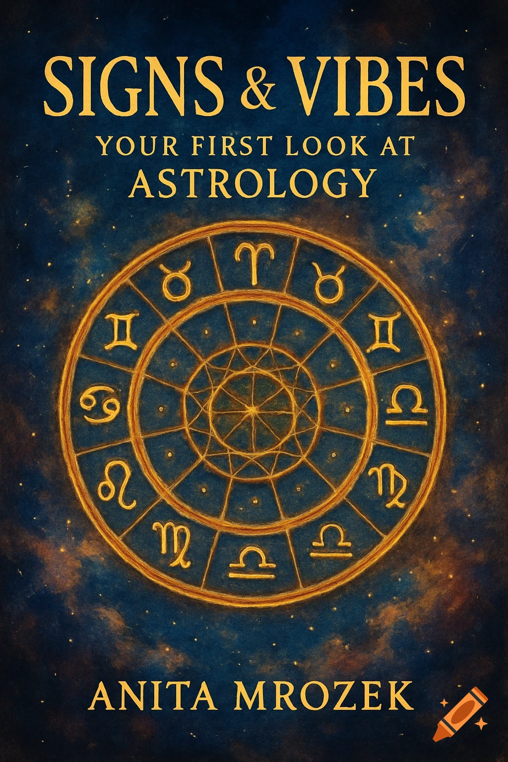 Astrology book cover with gold zodiac symbols on a starry background.