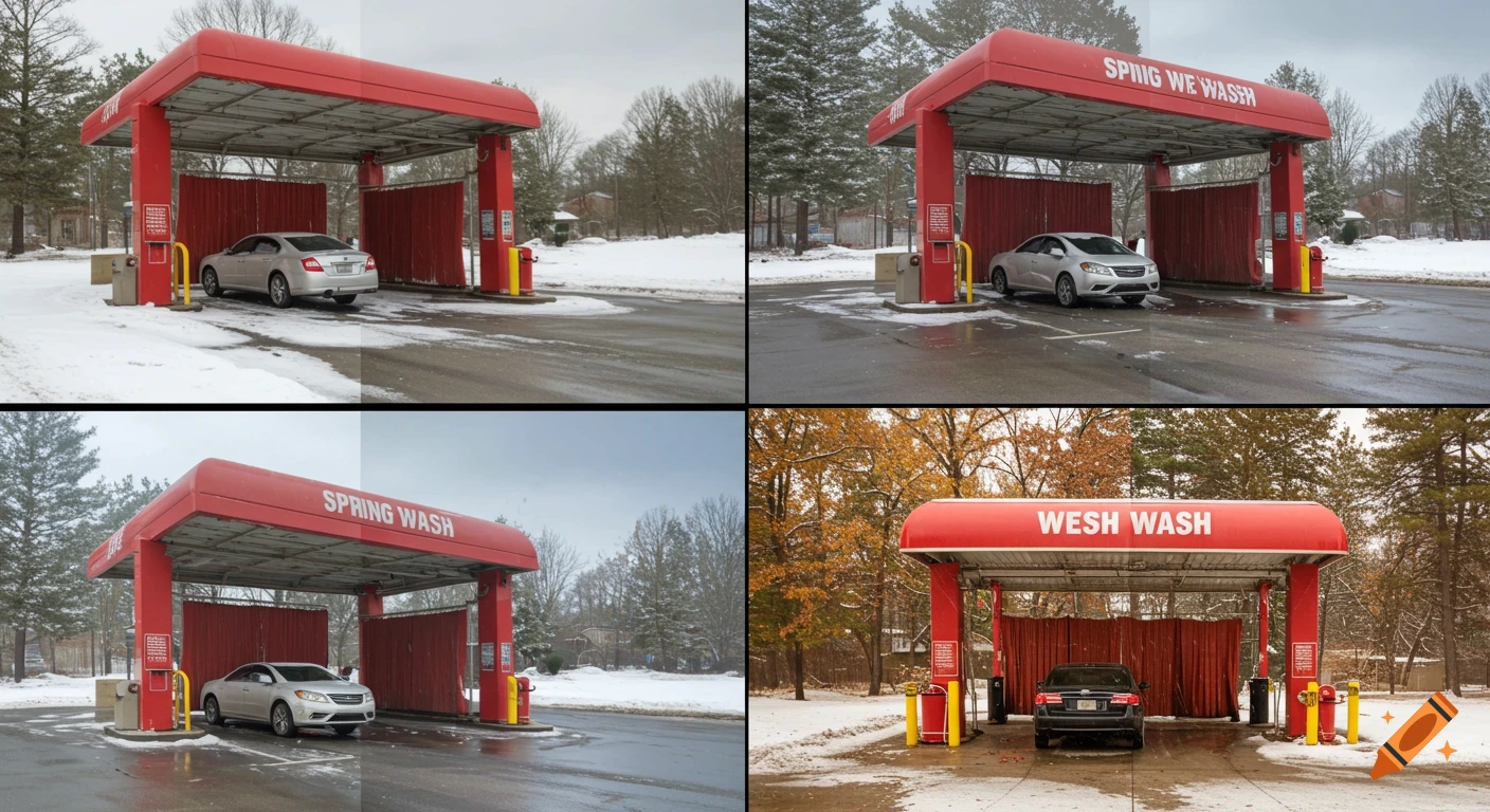 A 2x2 grid shows a red car wash and cars across different seasons, including winter, spring, and fall.