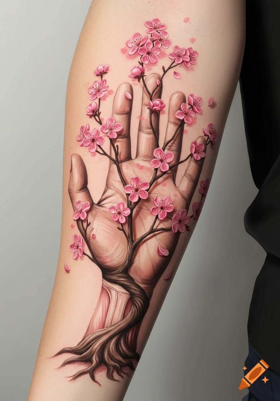A cherry blossom tattoo design on an arm, where a hand forms the tree trunk and fingers are branches.