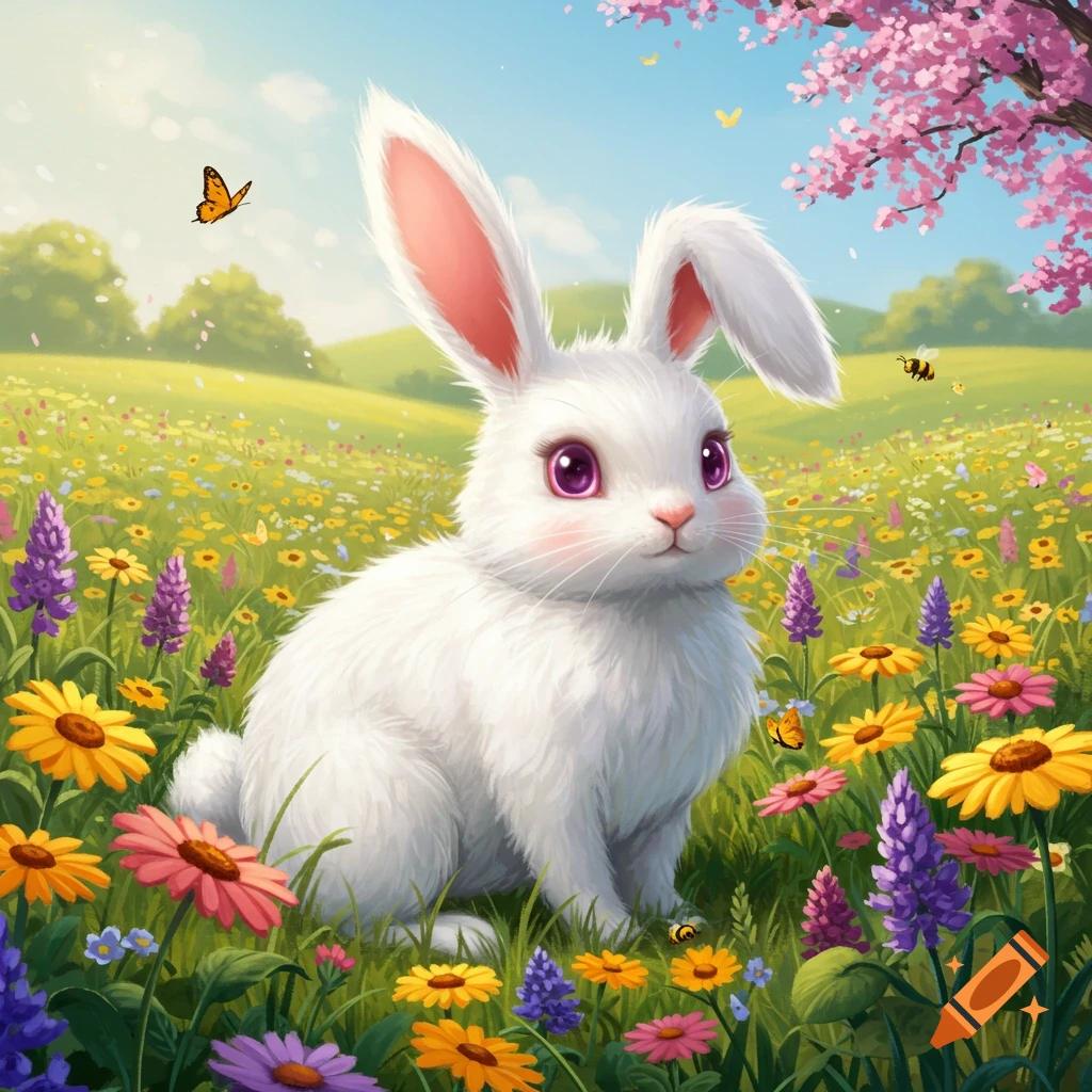 A white bunny with pink eyes sits in a field of colorful flowers under a blue sky.