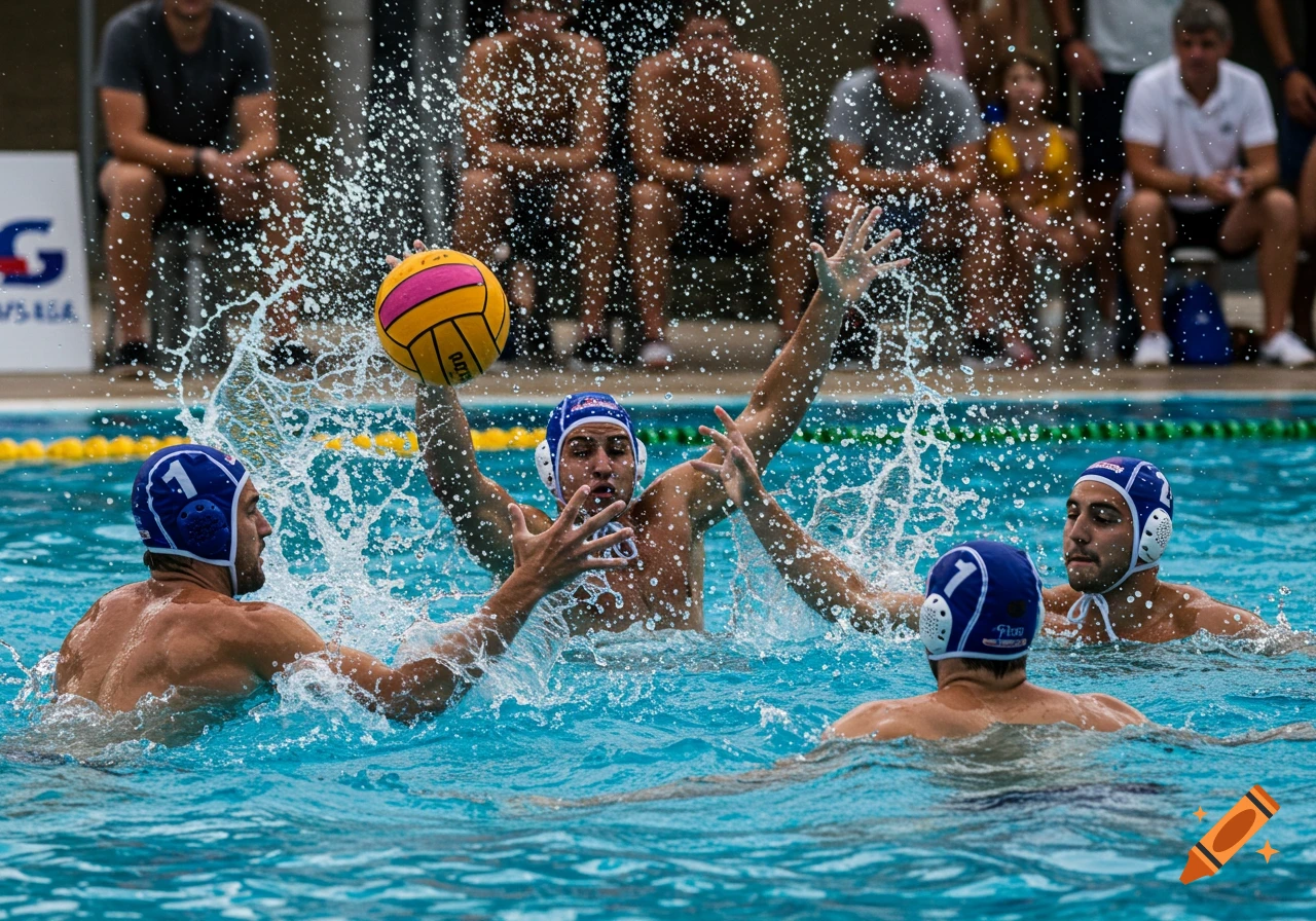 Water polo players in a match, splashing, with spectators in the background.