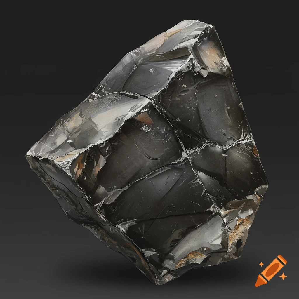 A close-up shot of a dark, multifaceted piece of flint rock.