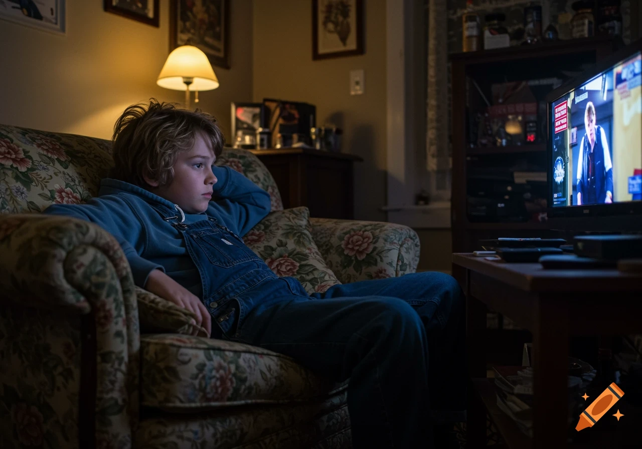 A young boy with blond hair and overalls sits on a couch watching television in a dimly lit living room.