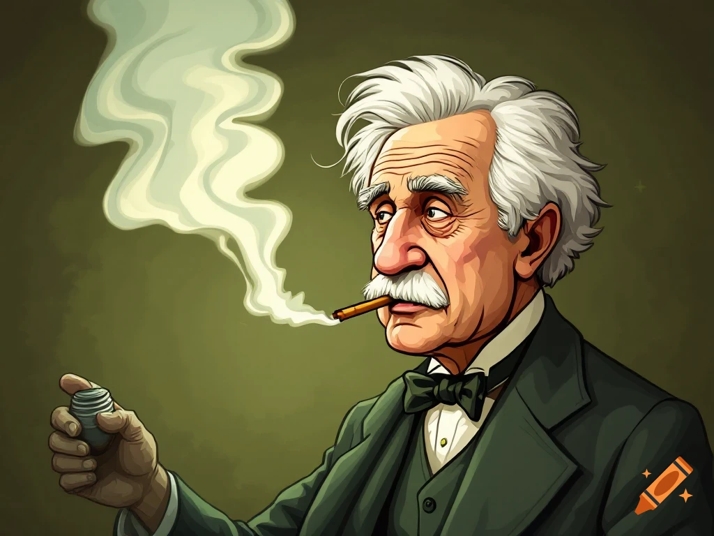 Cartoon portrait of an elderly man with mustache smoking a cigar, holding a small object.