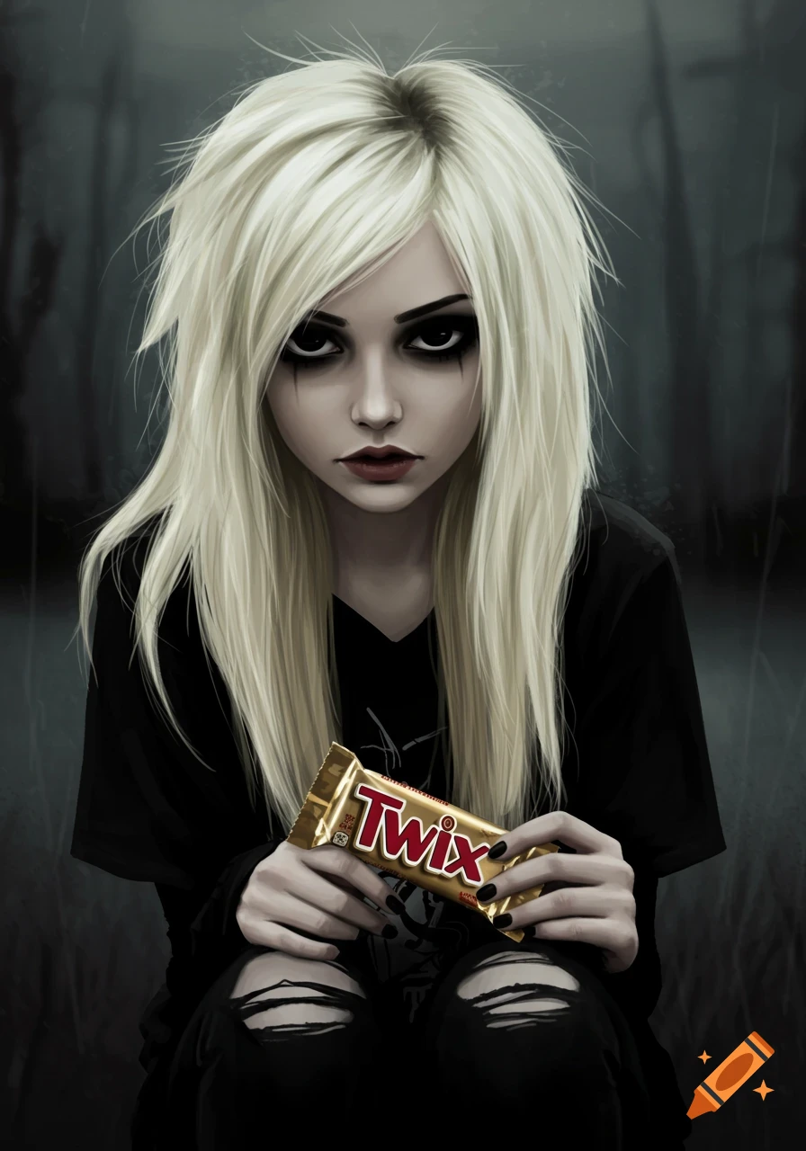 Illustration of an emo girl with blonde hair holding a Twix candy bar.